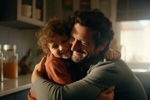 ai generado contento padre y su pequeño hijo abrazando y sonriente en el cocina a hogar, padre abrazando alegre hijo a hogar, ai generado foto