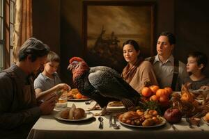 ai generado contento familia a acción de gracias mesa con Turquía y otro comida en oscuro habitación, familia acción de gracias con pavo, ai generado foto