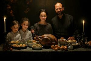 ai generado contento familia con un Turquía en el mesa. acción de gracias cena. familia cena, familia acción de gracias con pavo, ai generado foto