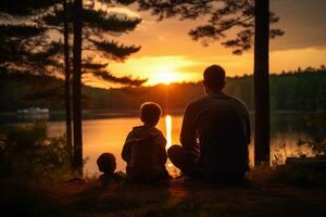 ai generado silueta de padre y dos hijos sentado en el apuntalar de el lago a atardecer, familia papá y dos hijos son pescar a atardecer, ai generado foto