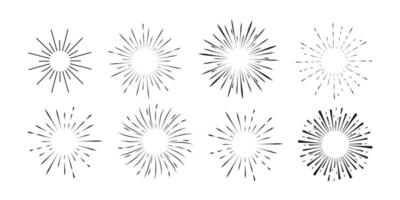 Set Fireworks, rays, sunburst frames circle border decoration, sparkle in doodle style, line sketch explosion isolated on white background. Vector illustration