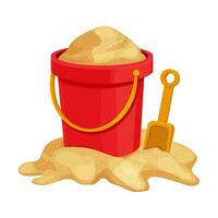 Red bucket with shovel on golden sand, toys in cartoon style isolated on white background. Kid summer game outdoors. Vector illustration