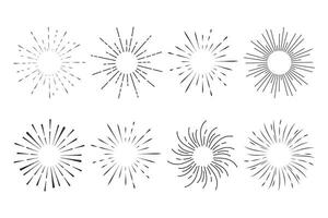 Set Fireworks, rays, sunburst frames circle border decoration, sparkle in doodle style, line sketch explosion isolated on white background. Vector illustration