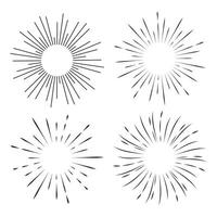 Set Fireworks, rays, sunburst frames circle border decoration, sparkle in doodle style, line sketch explosion isolated on white background. Vector illustration