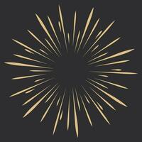 Golden Fireworks, rays, sunburst frames circle border decoration, sparkle in doodle style, line sketch explosion isolated on dark background. Vector illustration