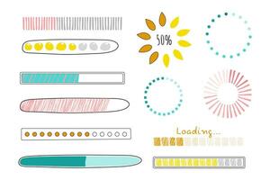 Set Loading bar, progress in doodle style isolated on white background. Indicator, line hand drawn sketch. Vector illustration