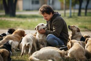 ai generado hombre jugando con su perros en el parque. amistad Entre perros y humanos, perro a el refugio, animal abrigo voluntario toma cuidado de perros, ai generado foto