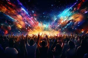AI generated Concert crowd with hands raised at a music festival or live concert, DJ night club party rave with the crowd in a music festival, AI Generated photo