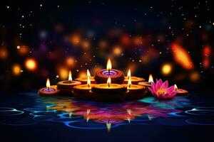 AI generated Happy Diwali festival greeting card with diya and bokeh background, Diwali festival of lights background, AI Generated photo