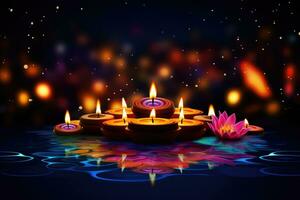 AI generated Happy Diwali festival greeting card with diya and bokeh background, Diwali festival of lights background, AI Generated photo