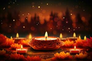 AI generated Beautiful diwali diya and burning candles on colorful background, Diwali festival of lights background, AI Generated photo