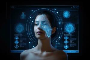 ai generado futurista artificial inteligencia concepto. futurista cyborg cabeza con digital cerebro interfaz, digital holograma Connecticut escanear y radiografía en un humano rostro, presentado en un oscuro médico pantalla foto