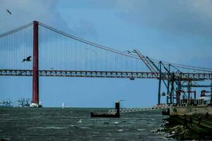 a bridge over the ocean with birds flying over it photo