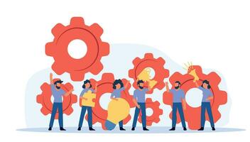 Business teamwork concept with flat vector illustration of group of businessmen collaborating on project, symbolizing cooperation and success. Motivation and support, guiding his team