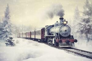 ai generado un escaparate, antiguo juguetes y nieve patrones en el vaso, un antiguo tarjeta postal foto