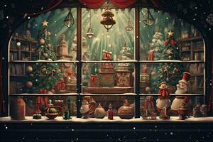 AI generated A storefront, antique toys and snow patterns on the glass, an old postcard photo