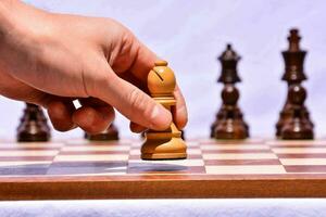 a person is holding a wooden chess piece photo