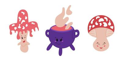 Cute magic mushrooms and cauldron characters. Vector funny characters with kawaii faces in flat cartoon style. Perfect for printout, stickers, prints, patterns