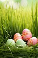 AI generated Colorful easter eggs in grass. Happy easter background. photo