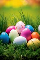 AI generated Colorful easter eggs in grass. Happy easter background. photo