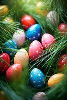 AI generated Colorful easter eggs in grass. Happy easter background. photo