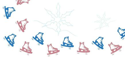 Winter sport horizontal banner. Red and blue figure skates. Vector illustration. Doodle color style. Background for Web, print, pattern, cover, text frame, banner, postcard, post, copy space