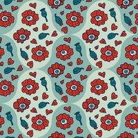 Damask seamless pattern with big eyed poppy flowers and buds. Psychedelic print for tee, paper, textile and fabric. vector