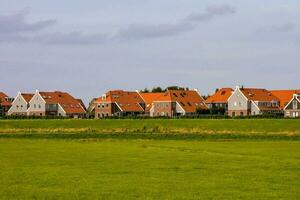 a row of houses in a field photo