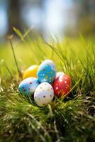 AI generated Colorful easter eggs in grass. Happy easter background. photo