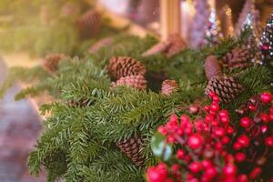 Handcrafted Christmas wreaths at a European Cristmas market photo