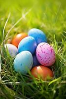 AI generated Colorful easter eggs in grass. Happy easter background. photo