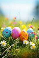 AI generated Colorful easter eggs in grass. Happy easter background. photo