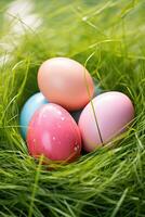 AI generated Colorful easter eggs in grass. Happy easter background. photo