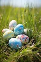 AI generated Colorful easter eggs in grass. Happy easter background. photo