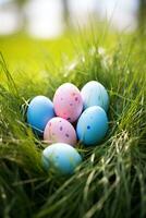 AI generated Colorful easter eggs in grass. Happy easter background. photo