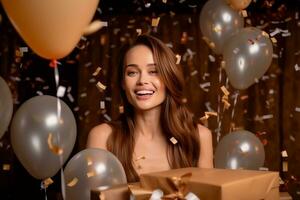 AI Generated Happy girl on a brown background surrounded by multicolor balloons, gift boxes and confetti photo