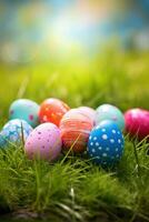 AI generated Colorful easter eggs in grass. Happy easter background. photo