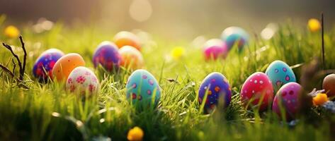 AI generated Colorful easter eggs in grass. Happy easter background. photo