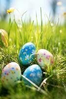 AI generated Colorful easter eggs in grass. Happy easter background. photo