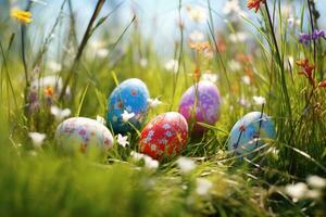 ai generado vistoso Pascua de Resurrección huevos en césped. contento Pascua de Resurrección antecedentes. foto