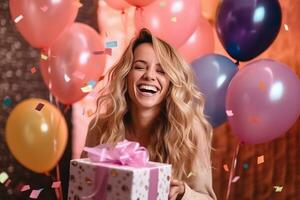 AI Generated Happy girl on a pink background surrounded by multicolor balloons, gift boxes and confetti photo