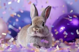 AI generated Rabbit on a lilac background surrounded by multicolor balloons and confetti photo