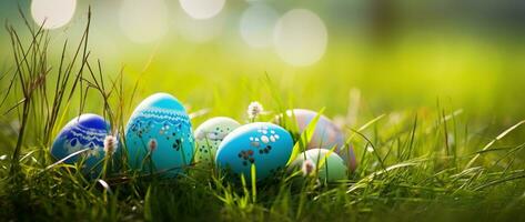 AI generated Colorful easter eggs in grass. Happy easter background. photo