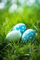 AI generated Colorful easter eggs in grass. Happy easter background. photo