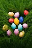 AI generated Colorful easter eggs in grass. Happy easter background. photo