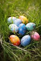 AI generated Colorful easter eggs in grass. Happy easter background. photo