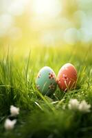 AI generated Colorful easter eggs in grass. Happy easter background. photo