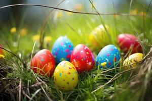 ai generado vistoso Pascua de Resurrección huevos en césped. contento Pascua de Resurrección antecedentes. foto