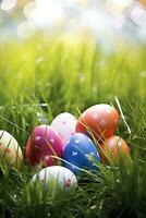 AI generated Colorful easter eggs in grass. Happy easter background. photo