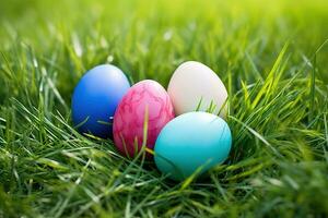 AI generated Colorful easter eggs in grass. Happy easter background. photo